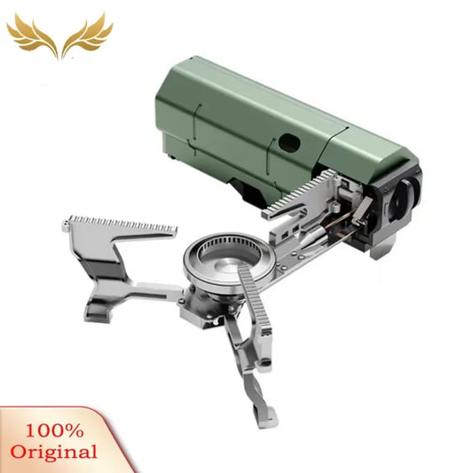 Folding portable camping stove burner with green case, ideal for outdoor night hunting gear.