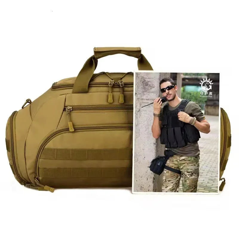 Tactical duffel bag with multiple zippered pockets and photo of man in combat gear.