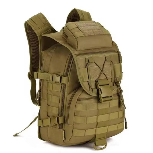 Tactical khaki backpack with multiple pockets and straps, ideal for night hunting gear.