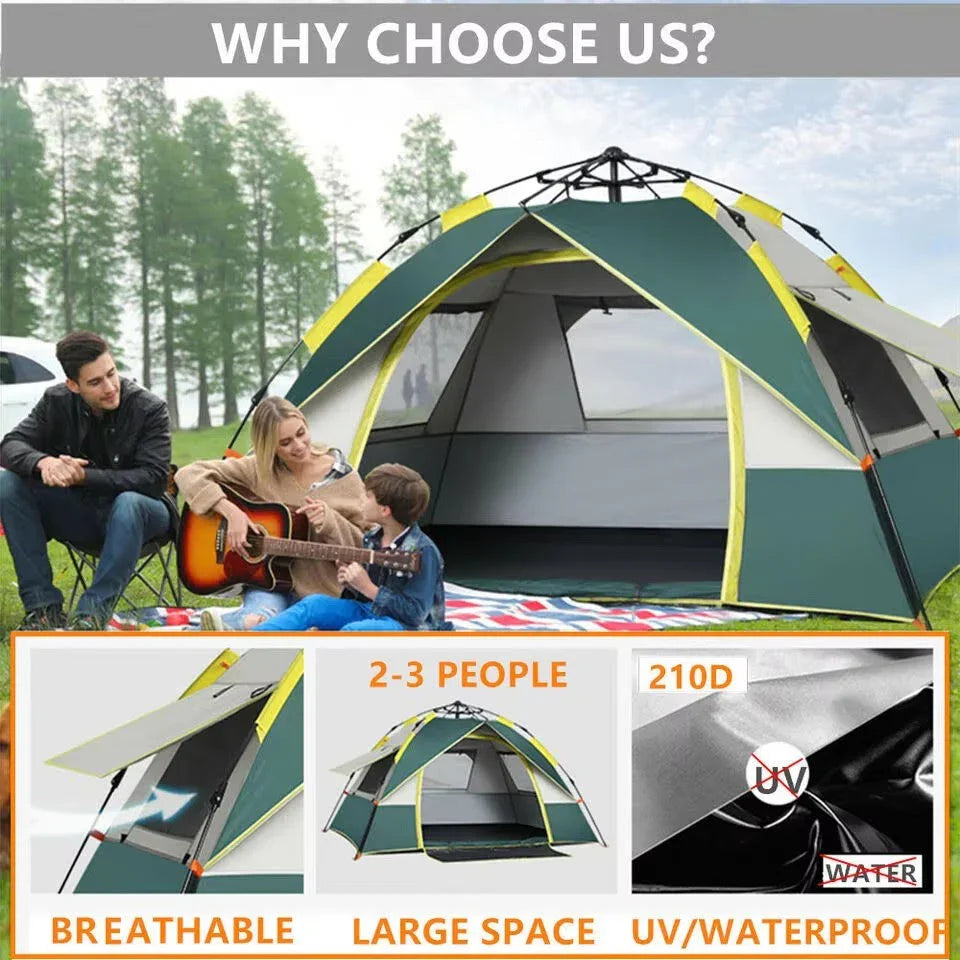 Family camping with green waterproof tent, large space, breathable design, UV protection.