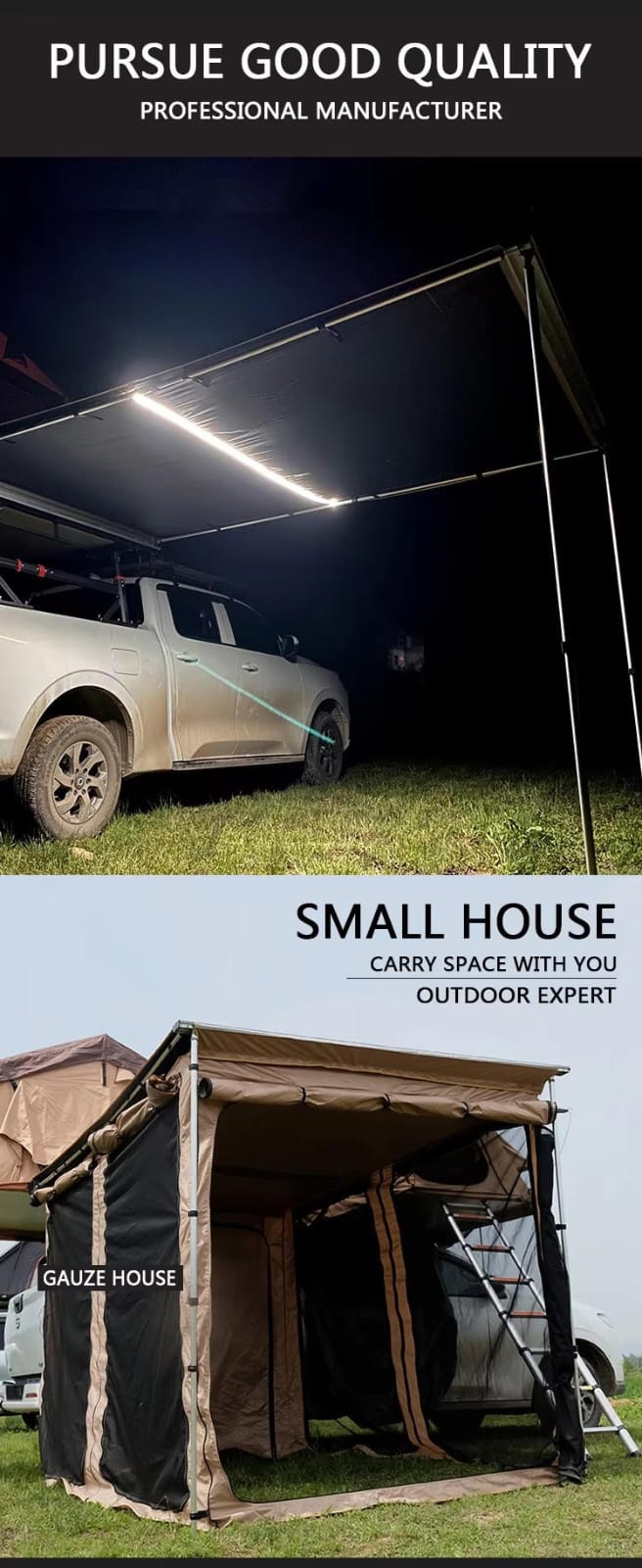 Two images showing a car under a canopy and a portable tent with 'Gauze House' branding.