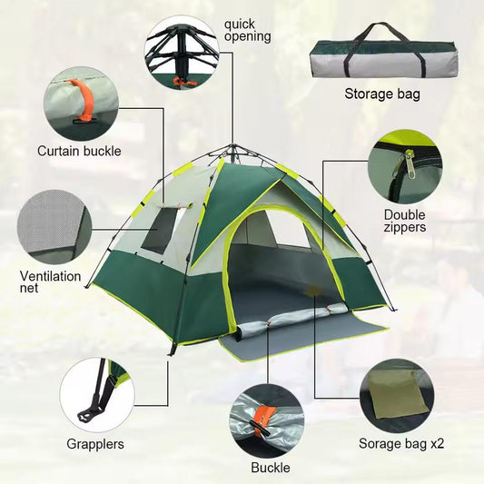 Camping tent with features highlighted on a white background