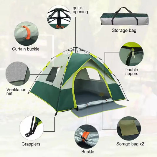 Green camping tent with quick opening, double zippers, ventilation net, and storage bag.