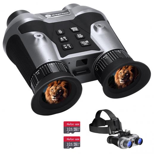 Binoculars with lion images on lenses, headlamp, and memory cards on a white background