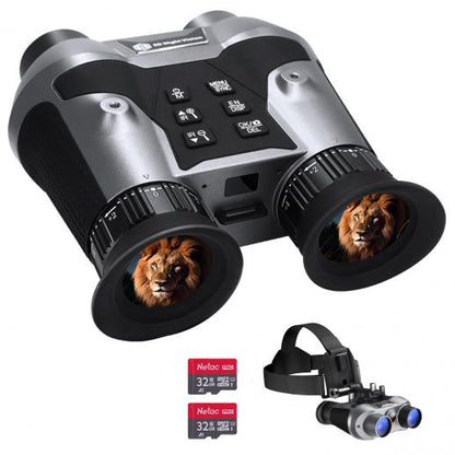 Binoculars with lion images on lenses, headlamp, and memory cards on a white background