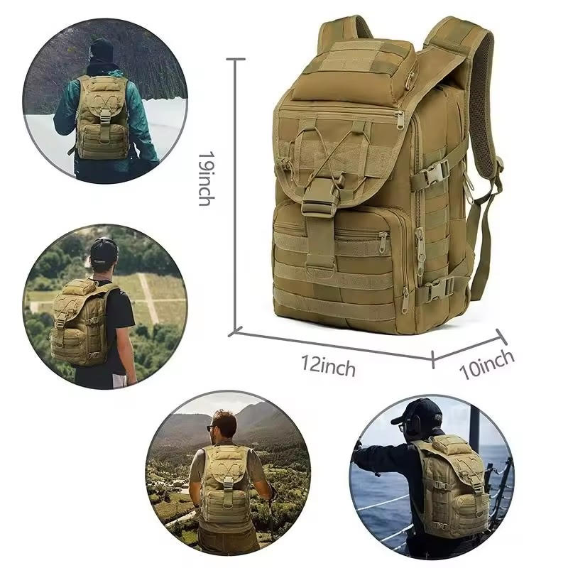 Tan tactical backpack with measurements and usage scenarios on a white background