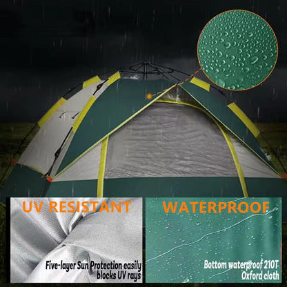 Camping tent with rain protection features highlighted, including waterproofing and UV resistance.