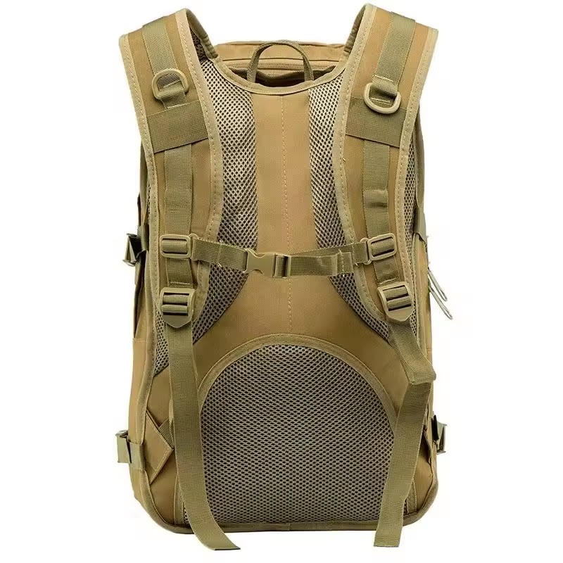 Tan backpack with mesh back and shoulder straps on a white background