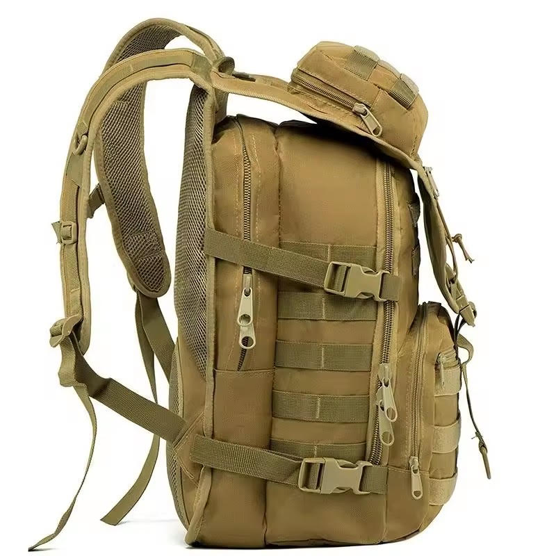 Tan tactical backpack on a white background