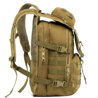 Tan tactical backpack on a white background