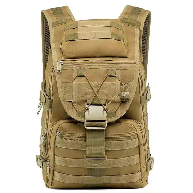 Tan tactical backpack on a white background