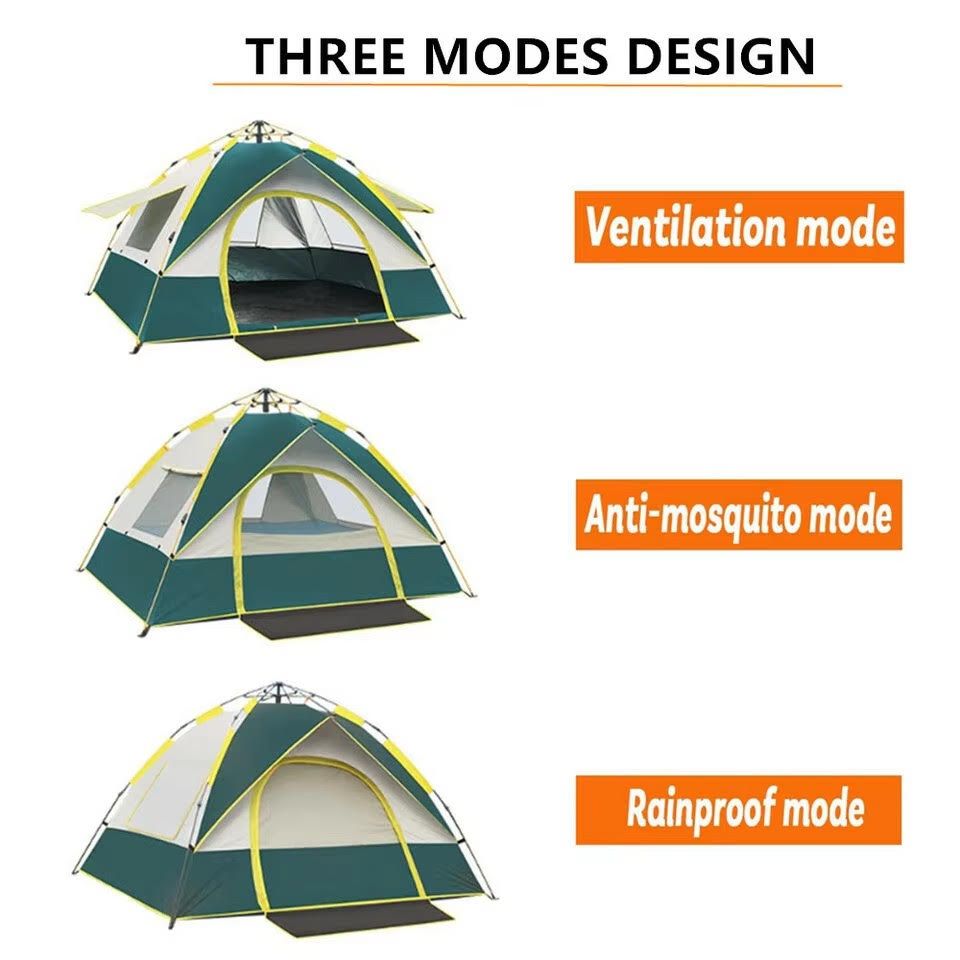Three modes of a tent with ventilation, anti-mosquito, and rainproof options on a white background.