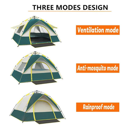 Three modes of a tent with ventilation, anti-mosquito, and rainproof options on a white background.