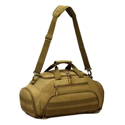 Tan duffel bag with a shoulder strap on a white background
