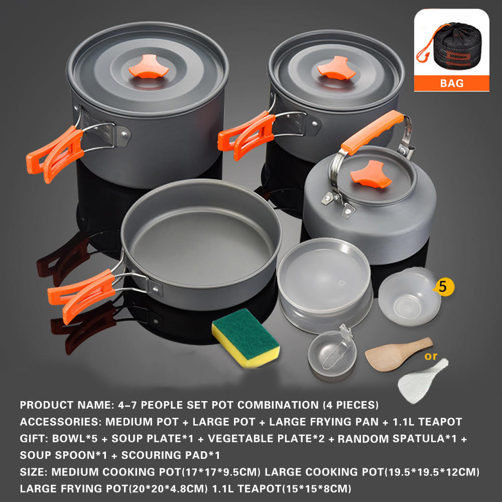 4–7 Person Camping Cookware Set (4-Piece with Accessories)